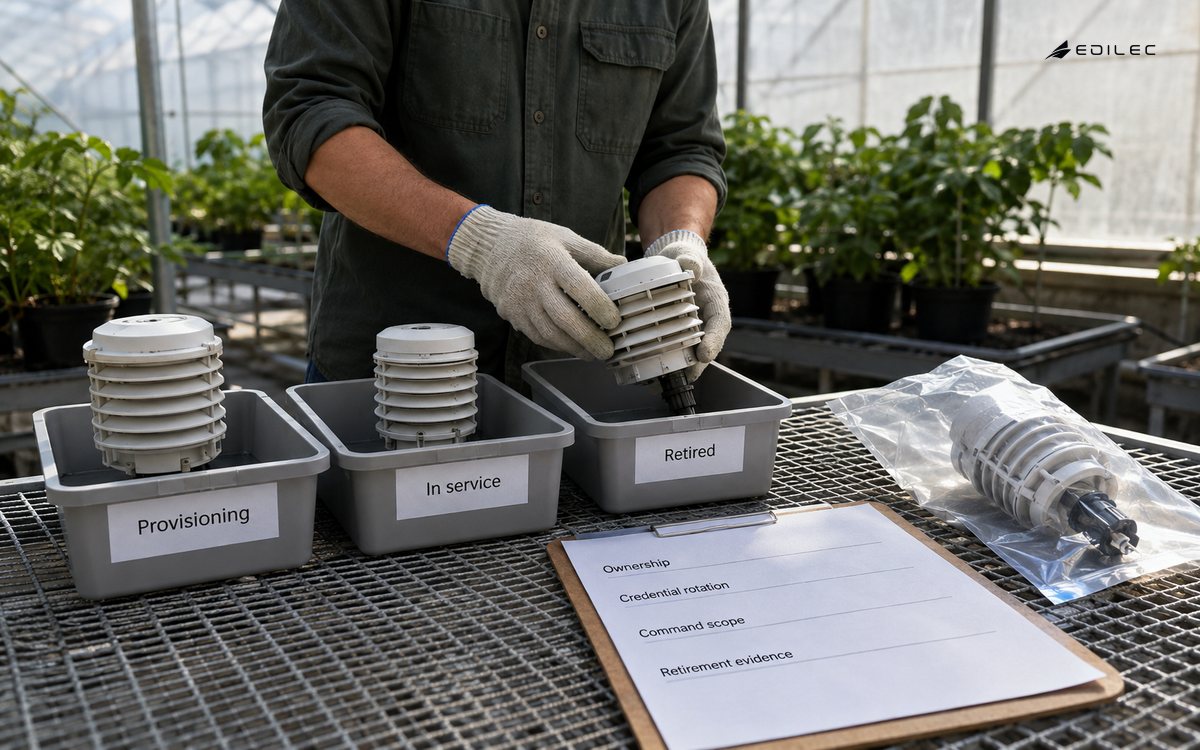 A technician separates a retired sensor from its replacement and identity-lifecycle paperwork.