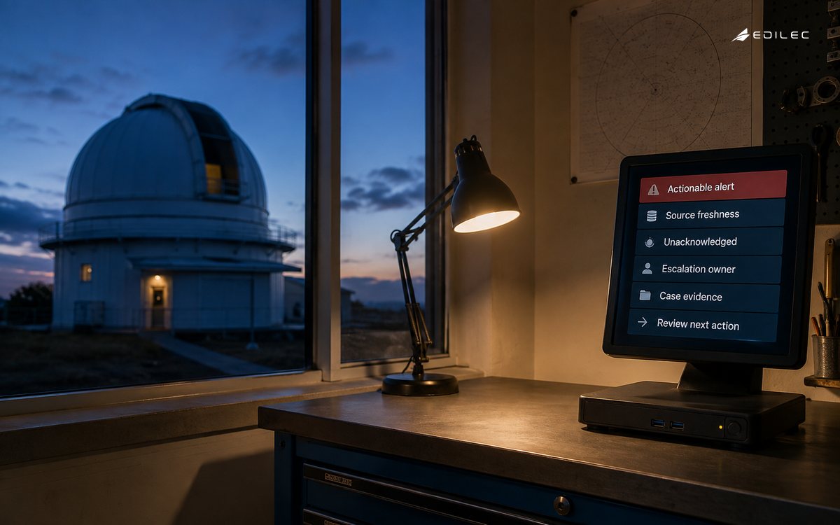 An observatory support terminal links an unacknowledged alert with escalation ownership and case evidence.