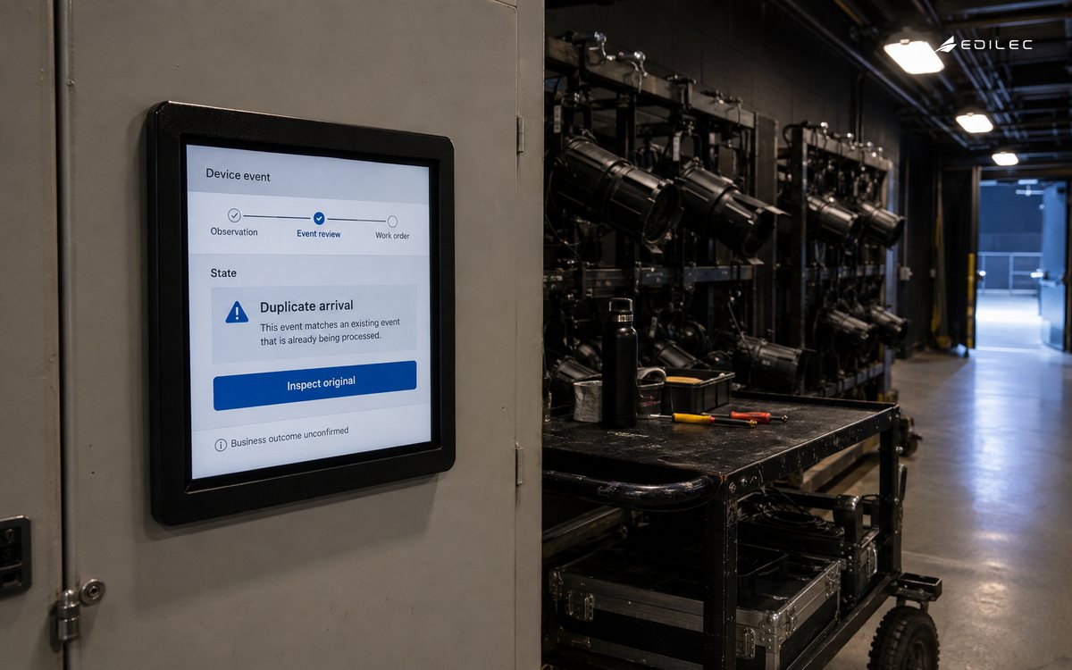 A theatre maintenance display routes a duplicate device event to its original record.