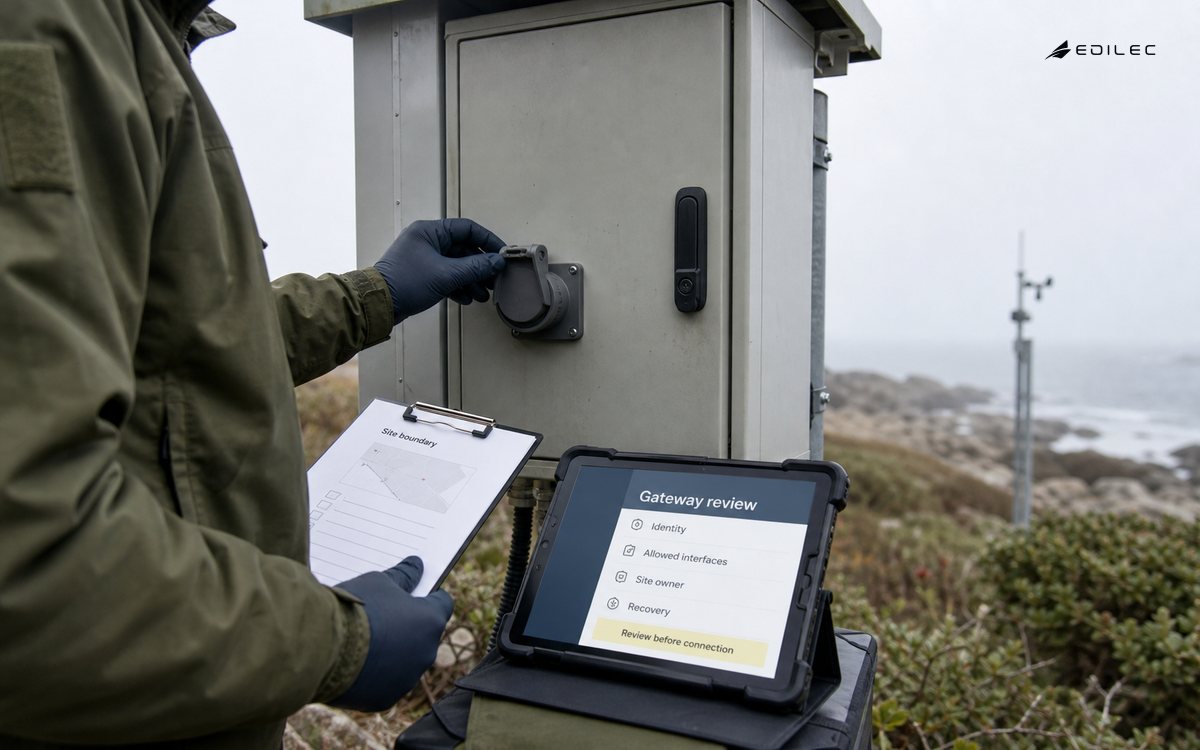 A technician checks a field gateway connection against identity, allowed-interface and site-boundary review.