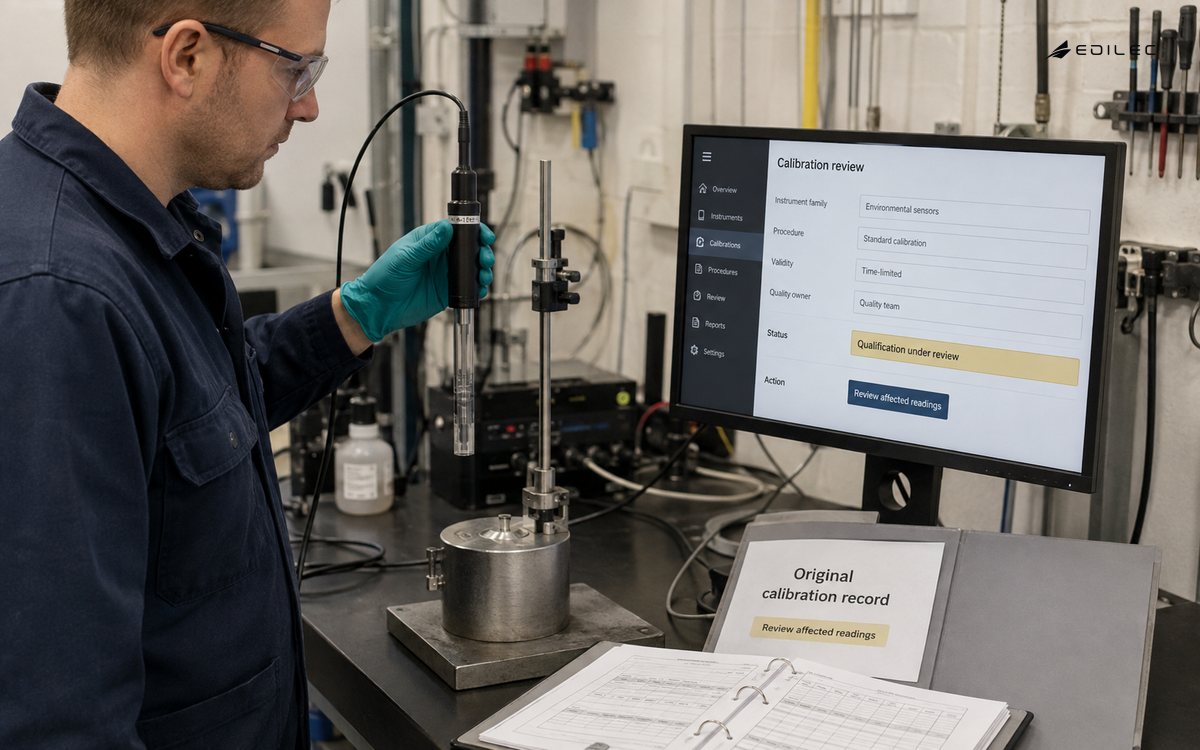 A quality technician compares a sensor with its reference fixture while calibration qualification remains under review.