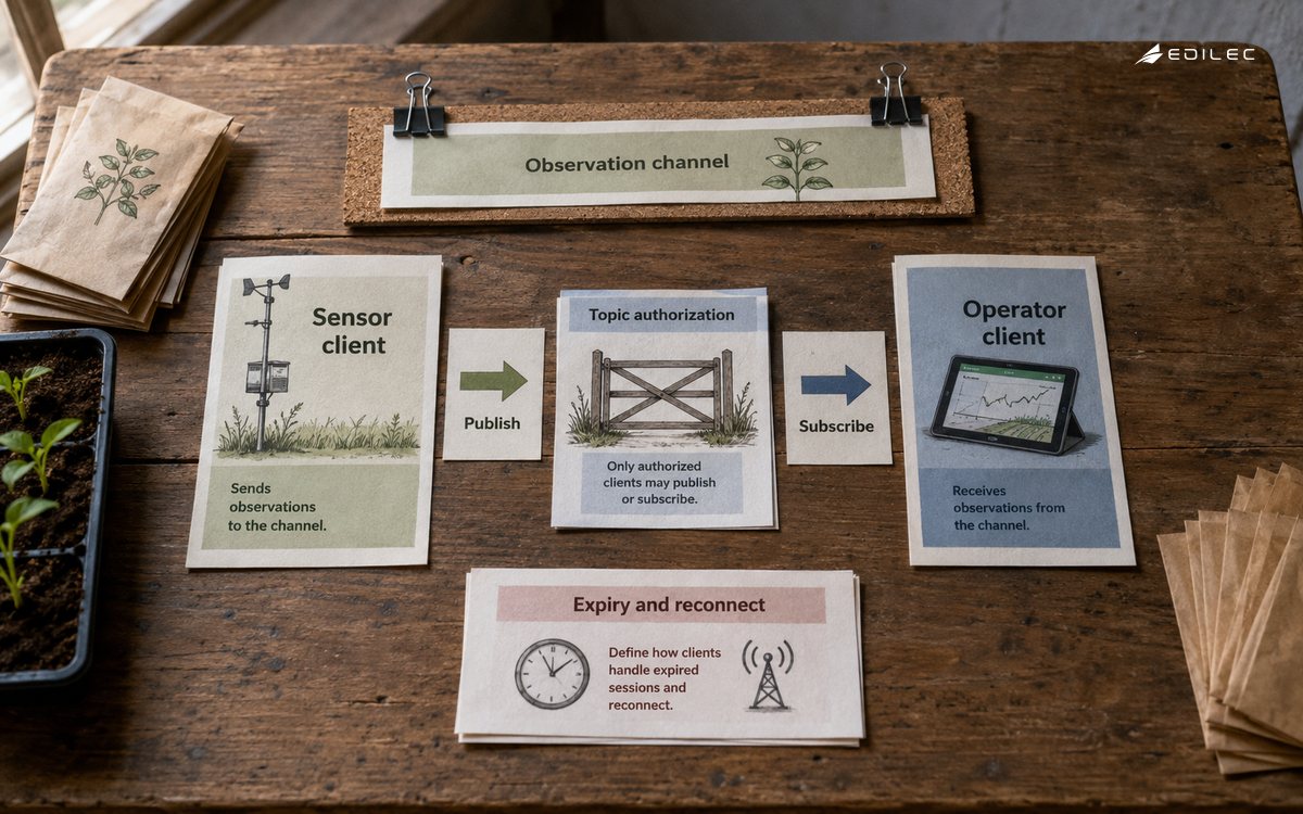 Client-role cards separate publishing and subscribing on an observation channel beside topic authorization and recovery rules.