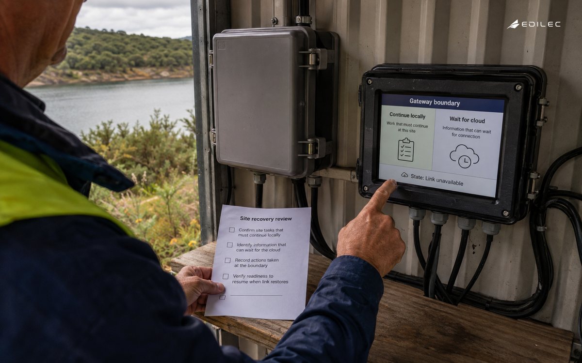 A field operator reviews which gateway work stays local during an unavailable link.