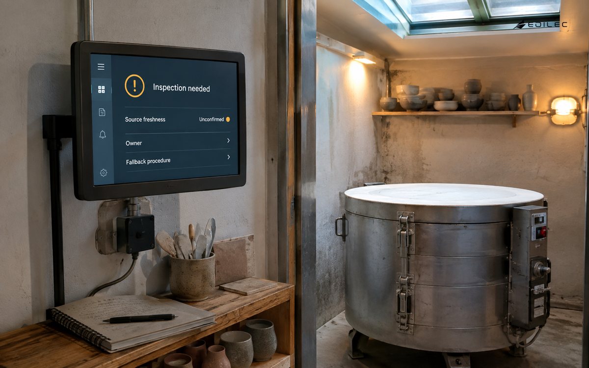 A kiln control alcove shows an unconfirmed source and inspection decision.