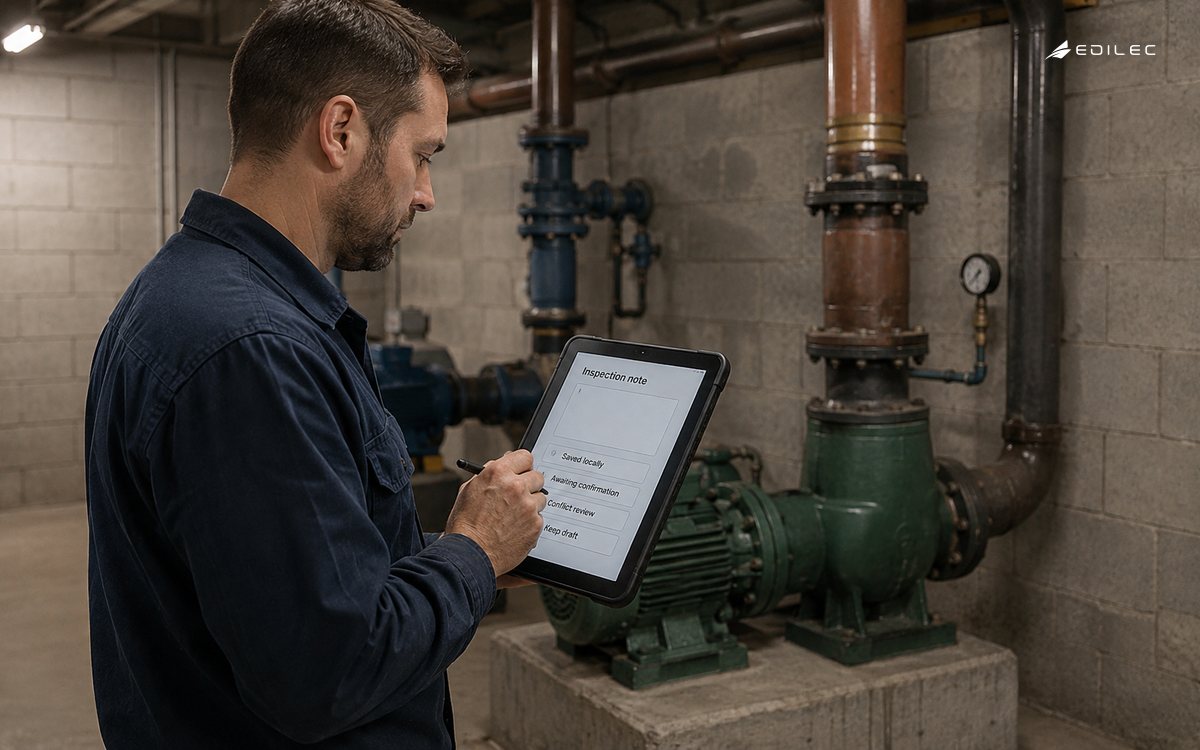 A basement technician saves an inspection draft while server confirmation is unavailable.