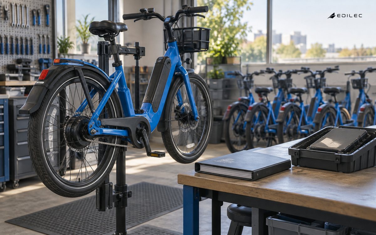 A parked electric fleet bicycle stands beside a maintenance bench with a closed binder and a spare enclosure.