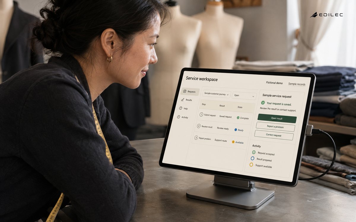 A tailoring-service founder tests a tablet request-and-support workflow.