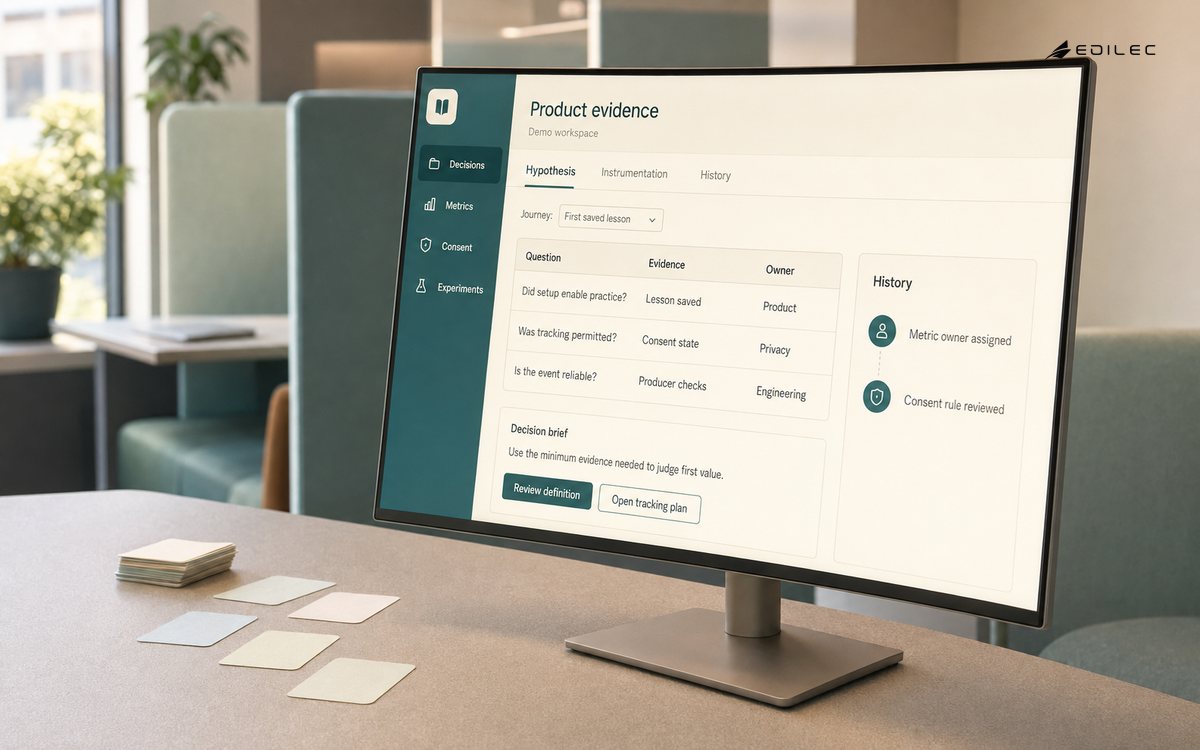 A language-learning research monitor links product questions to event evidence, consent and ownership.