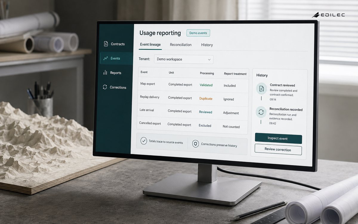Digital cartography product studio with rolled blank survey paper and a relief terrain model beside a genuine slim LCD on a cast-aluminum foot. The manufactured display shows usage reporting in a fictional demonstration.