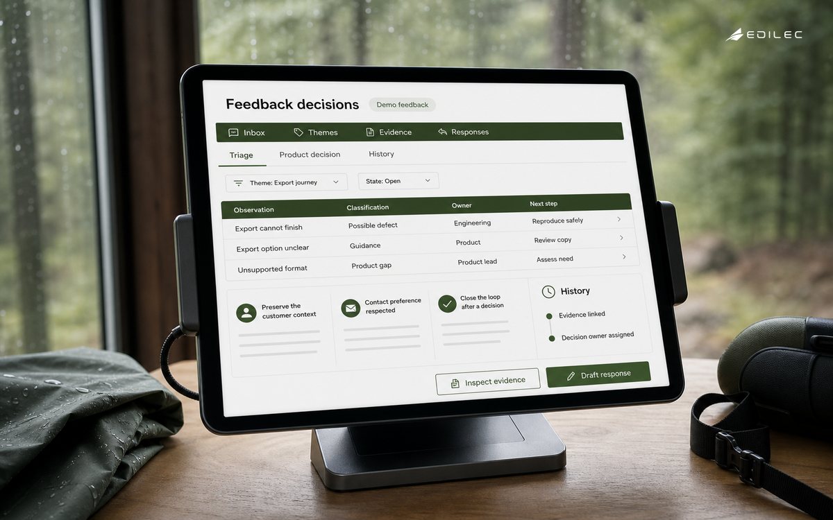 Outdoor recreation booking support desk in a national-park visitor center; a real tablet docked in a powder-coated steel stand, folded plain rain poncho and binocular case nearby, forest visible beyond glass. The manufactured display shows feedback decisions in a fictional demonstration.