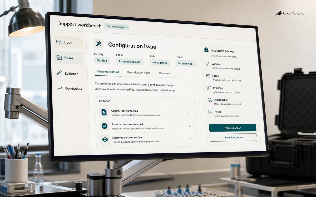A support workspace connects a configuration issue with scoped context, evidence, and an escalation packet.