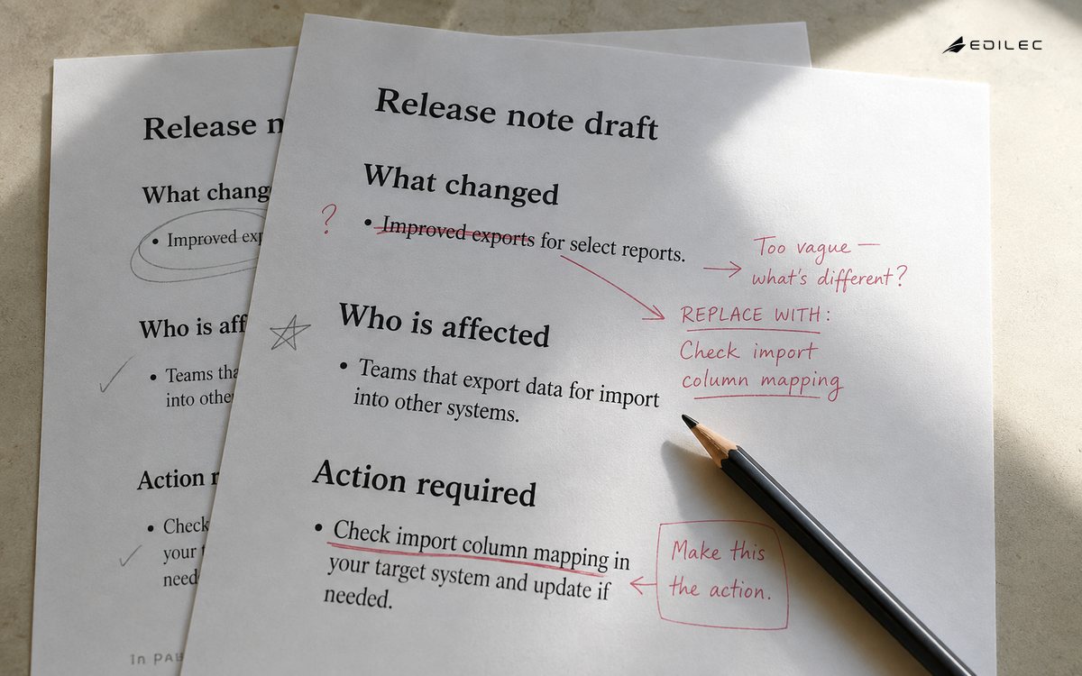 Release-note proofs marked to clarify affected readers and import-column actions.
