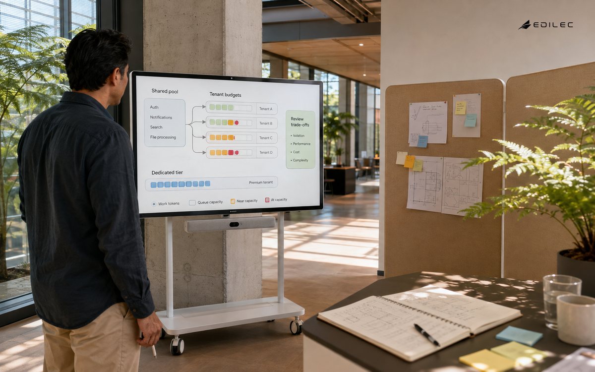 Standing architect reviews shared and dedicated service capacity in an atrium planning nook.