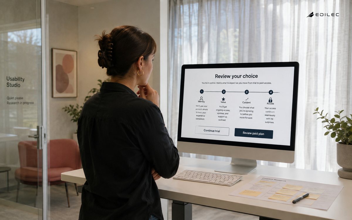 Usability researcher reviews a transparent trial-to-paid choice in a small product studio.