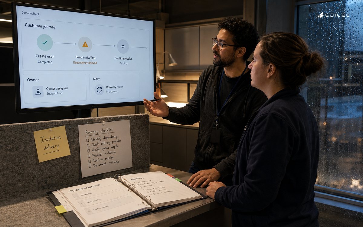 Engineering and support review an invitation-delivery dependency during handover.