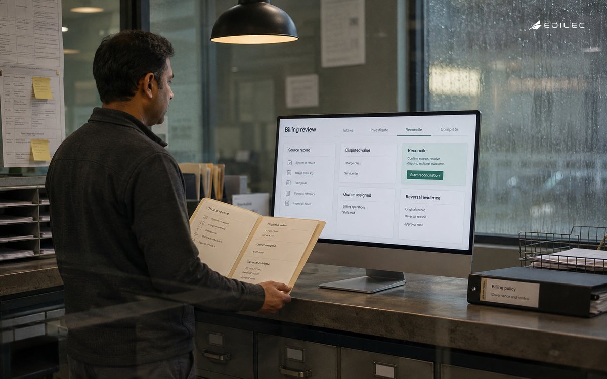 A billing specialist compares a source evidence folder with a reconciliation case interface.