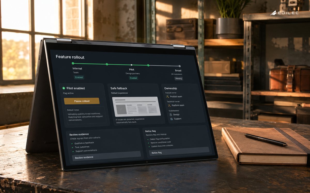 A feature rollout interface presents cohorts, safe fallback, evidence review and flag retirement.