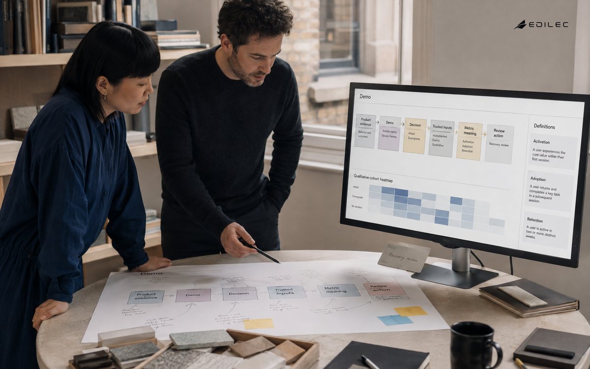 Two colleagues compare a printed customer journey with a product-analytics evidence path.