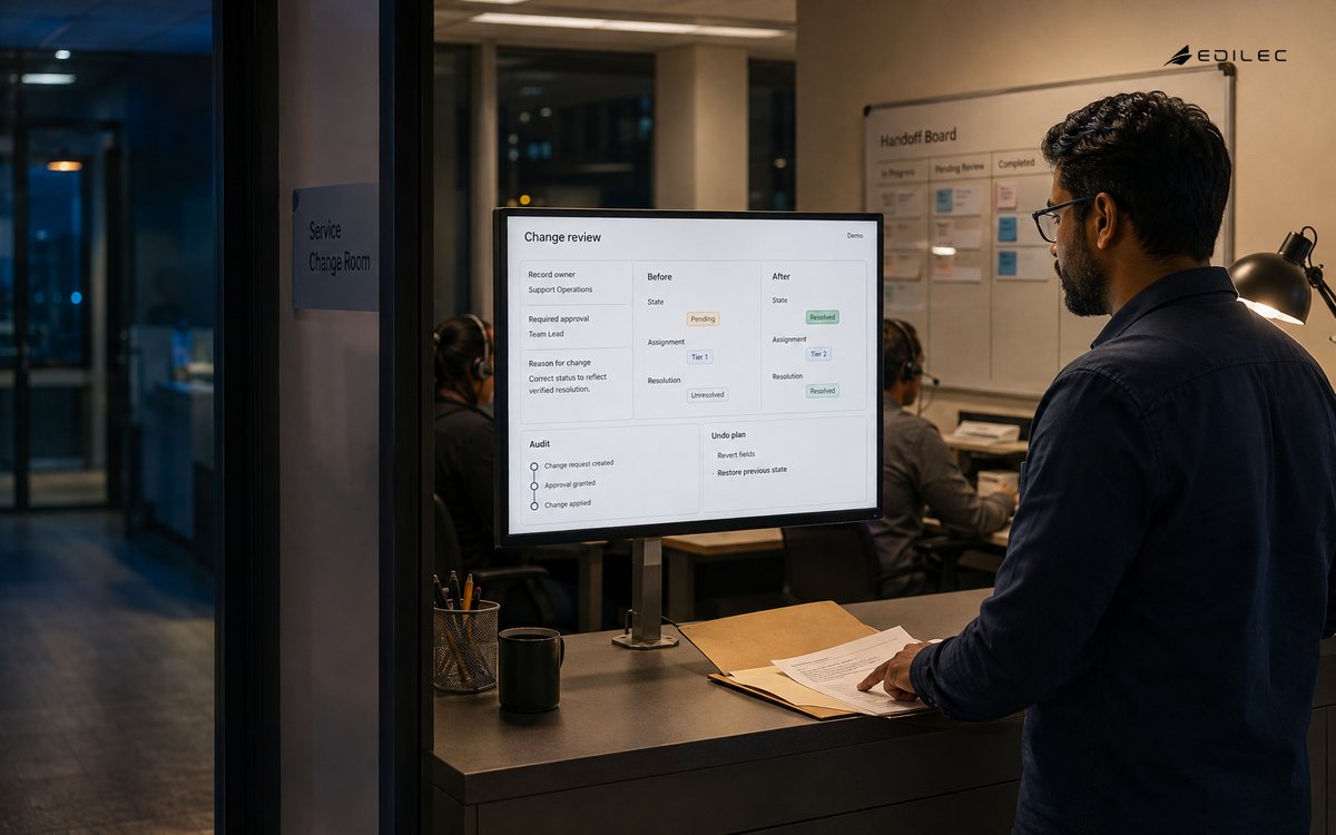 An operations lead reviews source documents beside an admin change and audit interface.