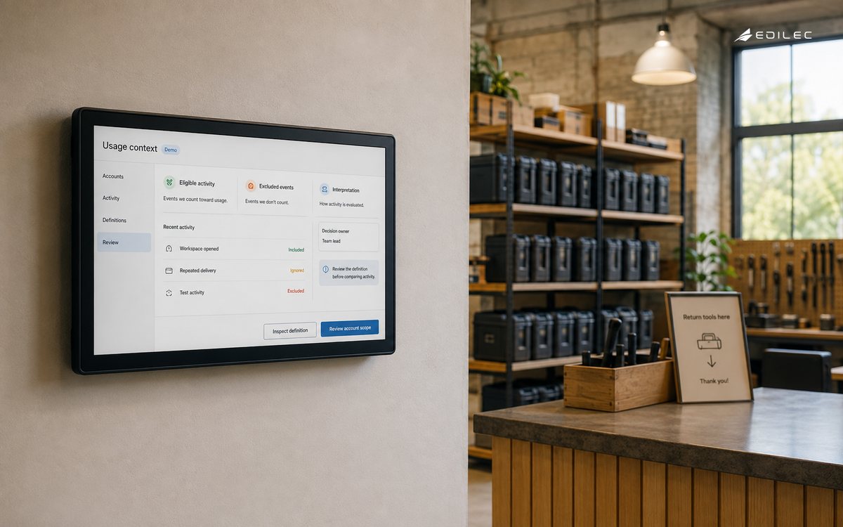 A membership usage application appears beside a makerspace reception and tool-return area.