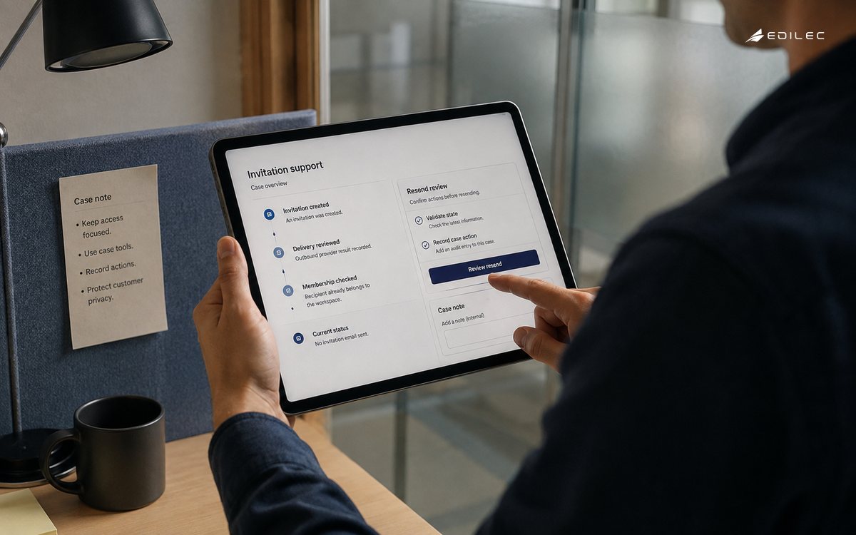 A standing support engineer inspects a single fictional invitation case on an ordinary opaque LCD tablet held securely in one hand, with the other hand poised near 'Review resend'.