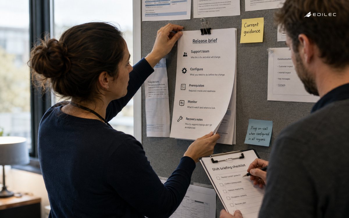A support lead posts a release brief and checks the actions needed for a shift handover.