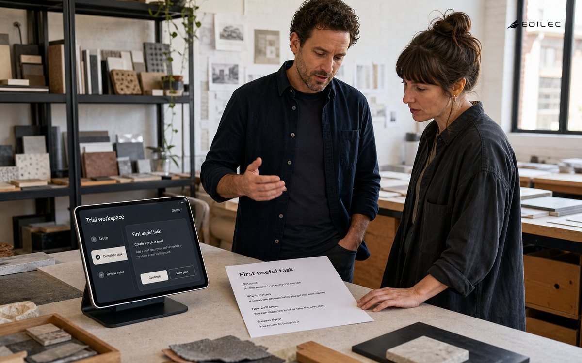A founder and researcher evaluate a first useful trial task in a creative studio.