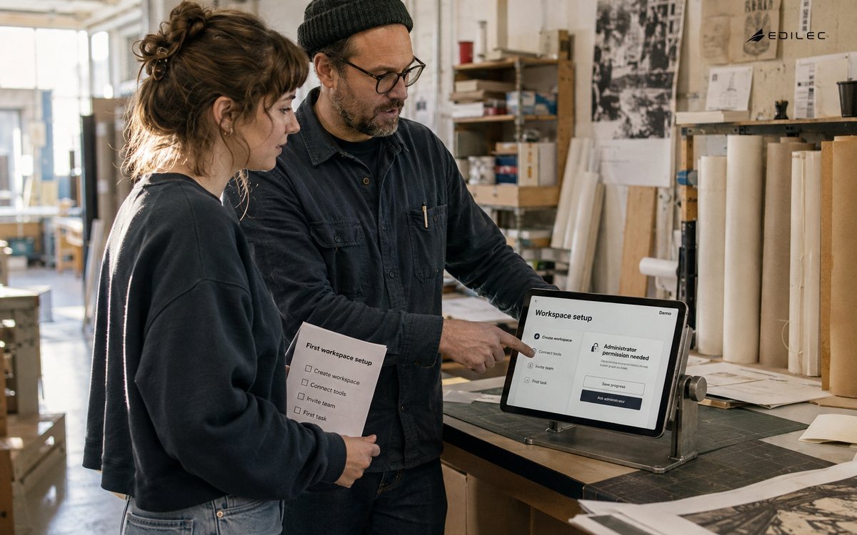A new team member and administrator review workspace setup in a print cooperative.