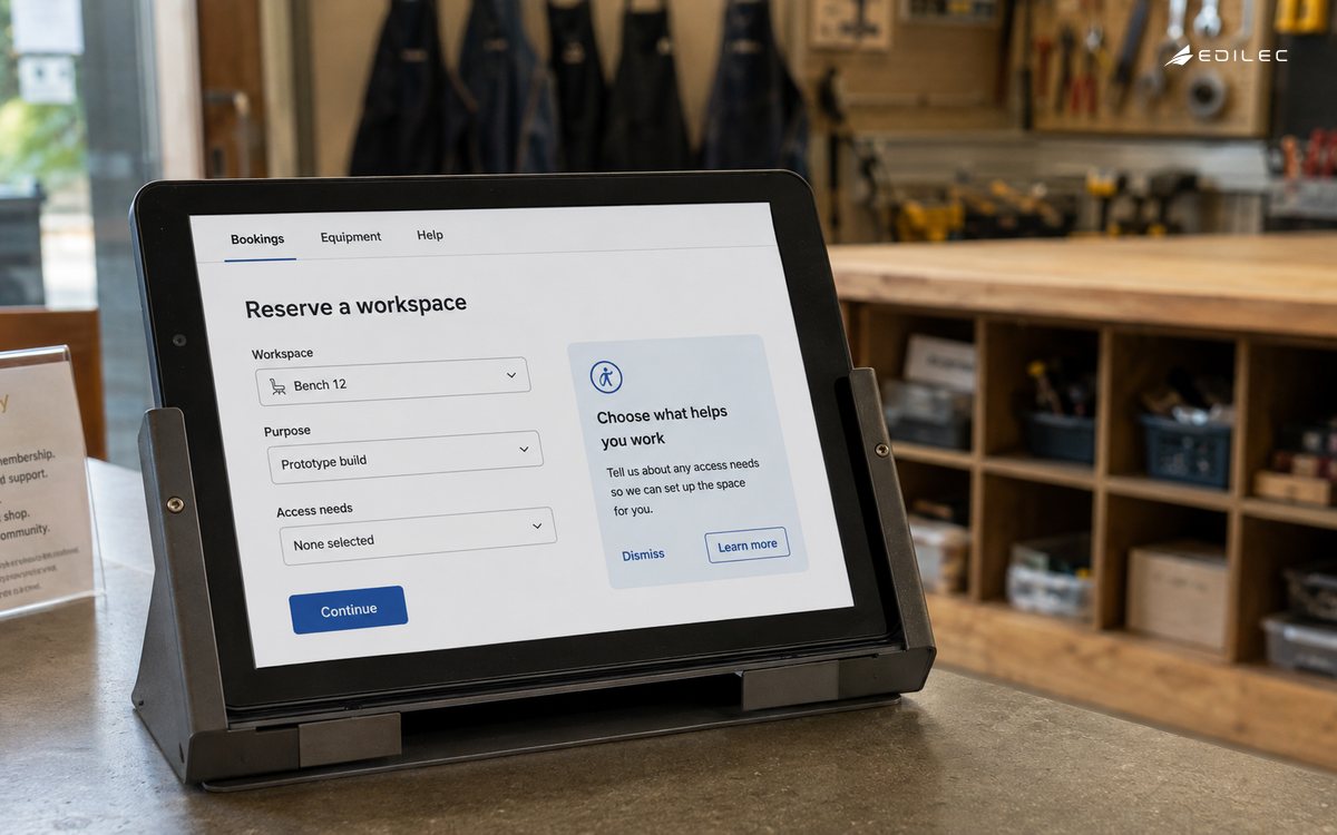 A mounted tablet shows a workspace booking form with optional, dismissible contextual guidance.