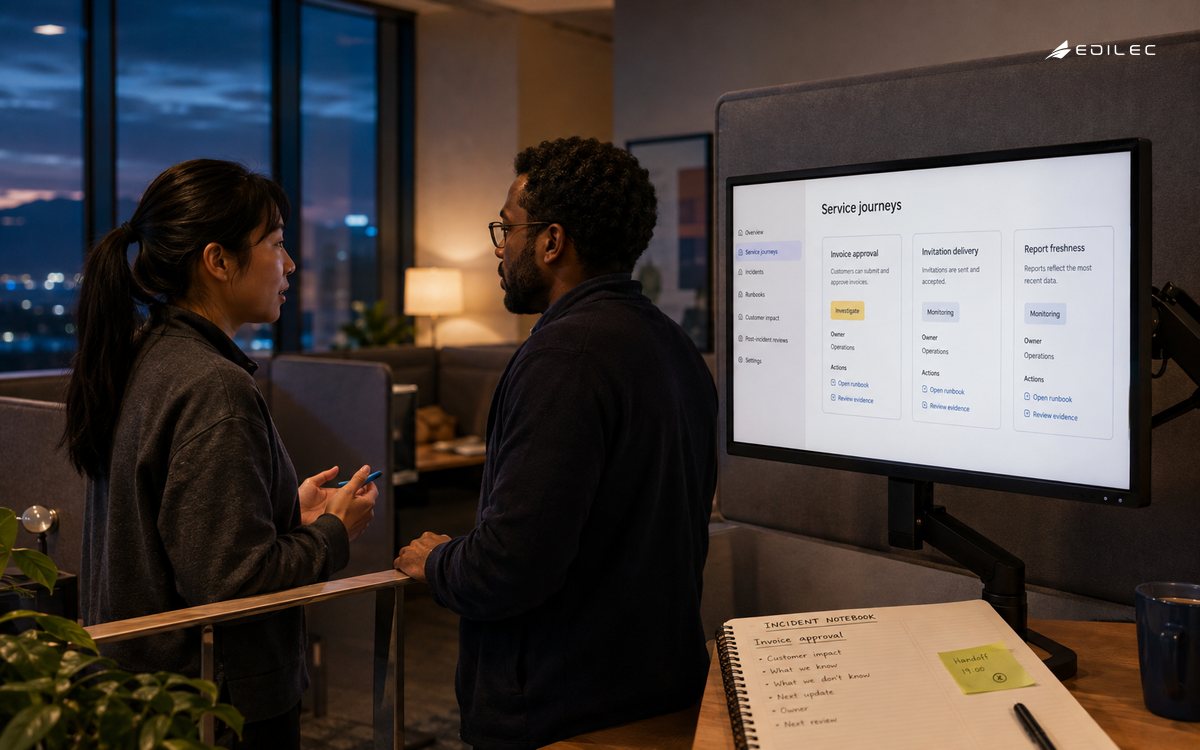 Support operators discuss customer-journey reliability during an evening shift handoff.