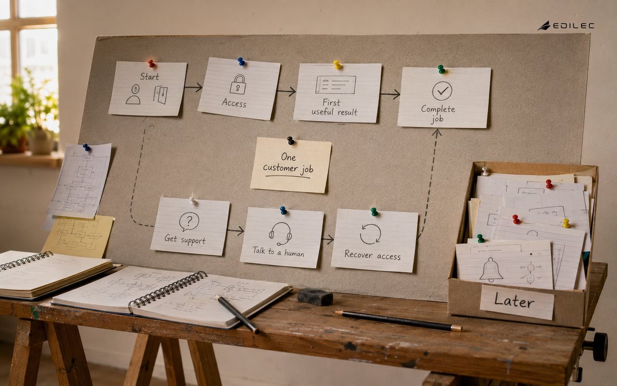 Paper journey cards connect a first useful product result with support and recovery steps.