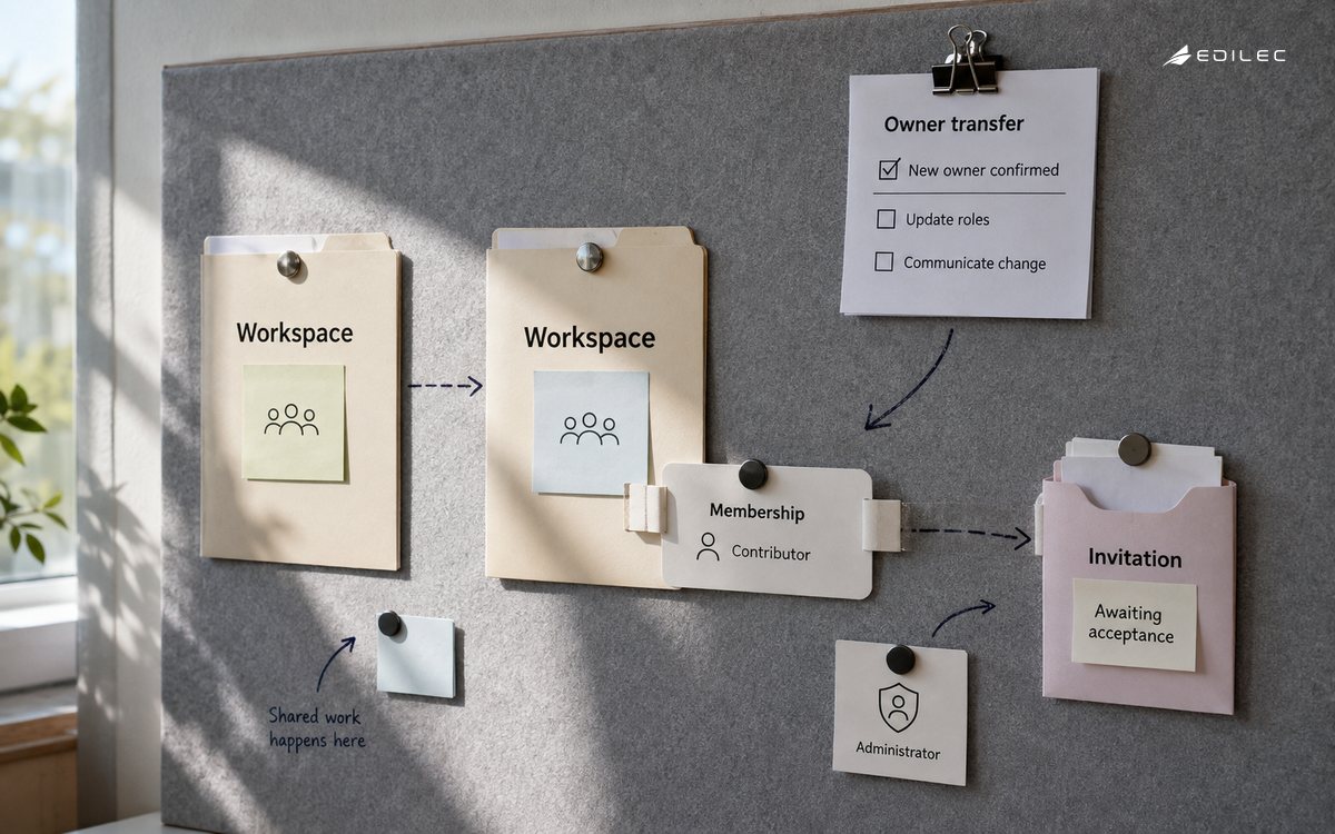 A felt pin rail holds workspace, invitation, membership and ownership-transfer review cards.