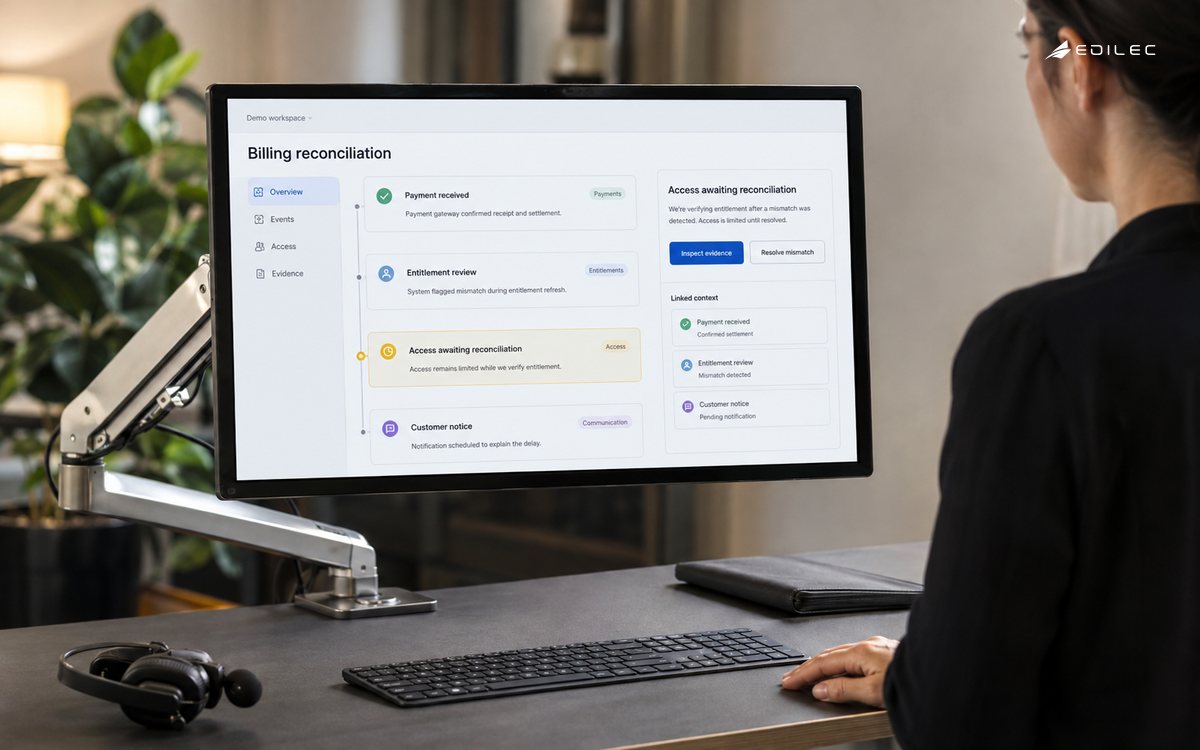 Billing reconciliation interface linking payment events, entitlement review and customer notice on a real mounted monitor.