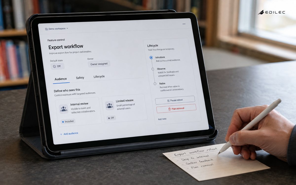 Feature-control interface showing rollout audience, safe default and retirement planning on a tablet in a folio stand.