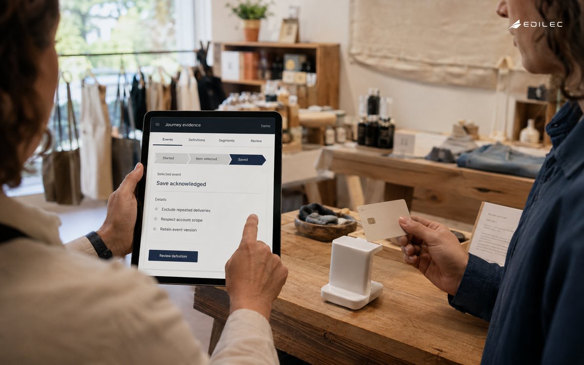 Designers review a customer journey and its event definition at a service counter.