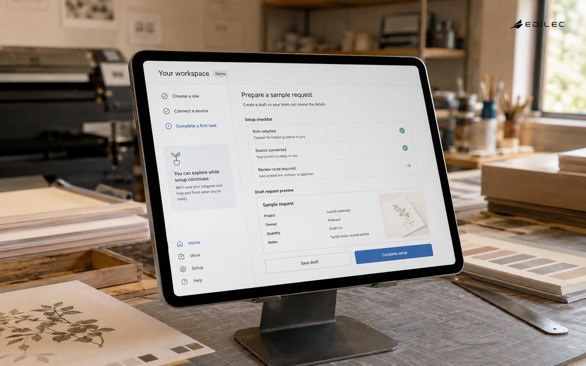 An onboarding workspace shows a first task and the setup step still required.