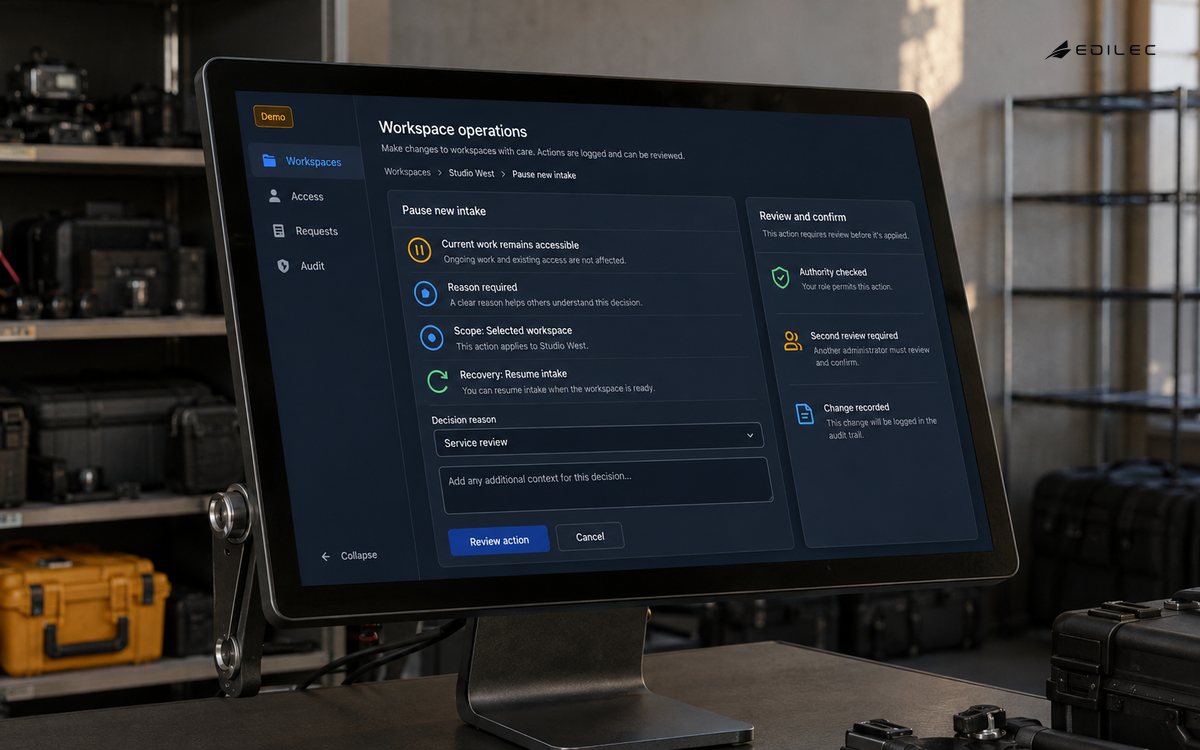 An admin workbench reviews the scope, reason and recovery for pausing new intake.