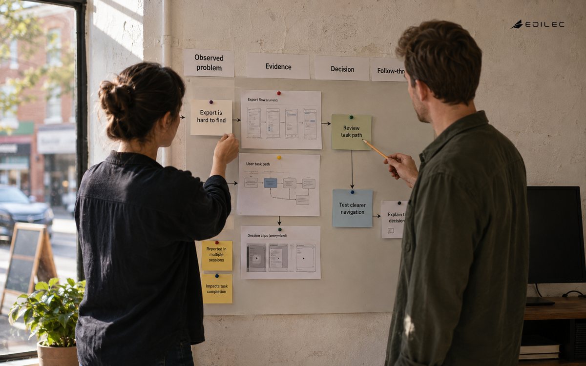 Product researchers connect an export-friction observation to evidence and a follow-through decision.