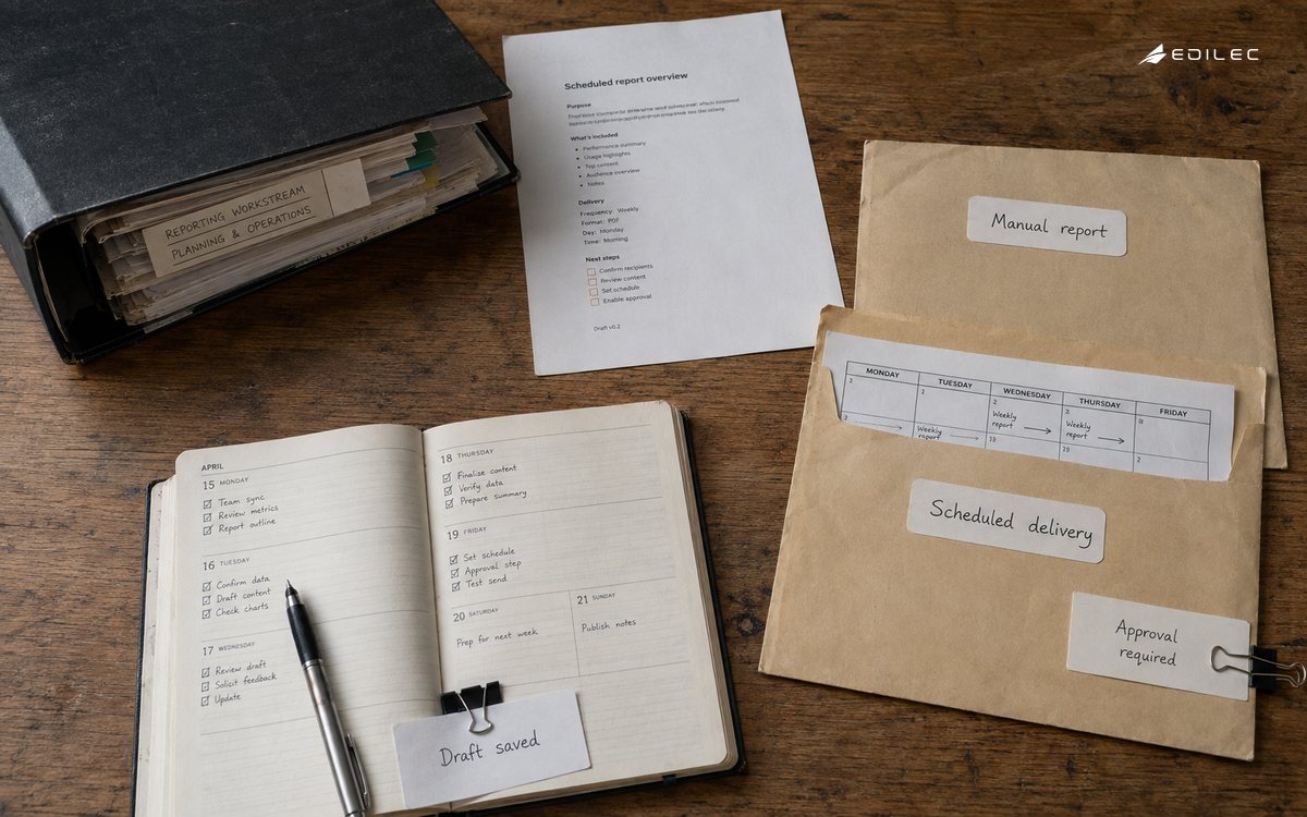 Report documents and an approval tab sit beside a weekly planning book.