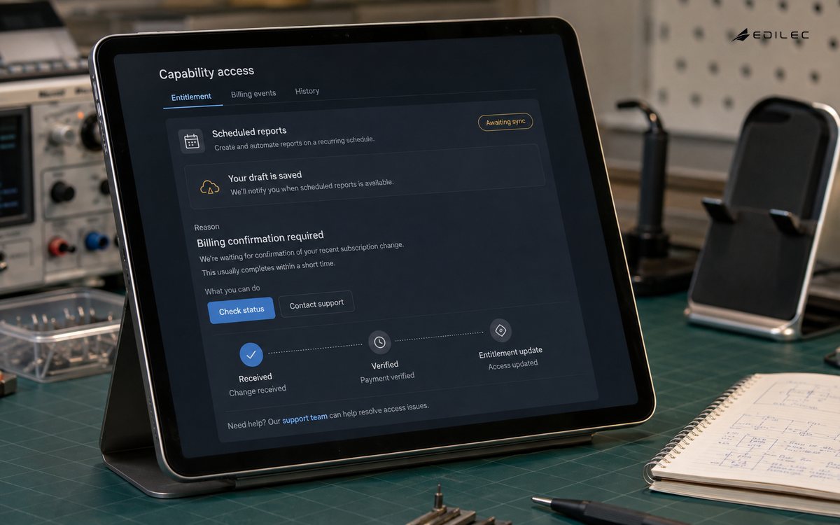 A tablet explains a subscription capability state and the customer's recovery options.