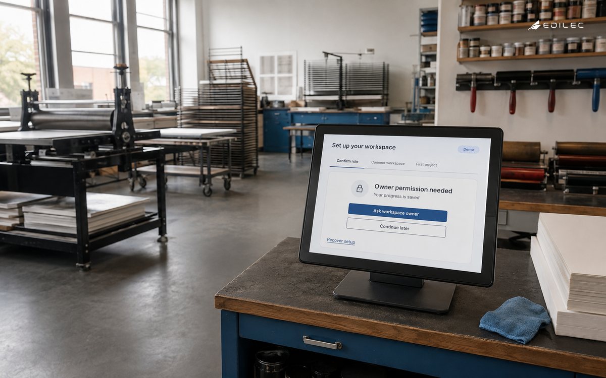 A studio welcome station shows saved onboarding progress and a request for owner permission.
