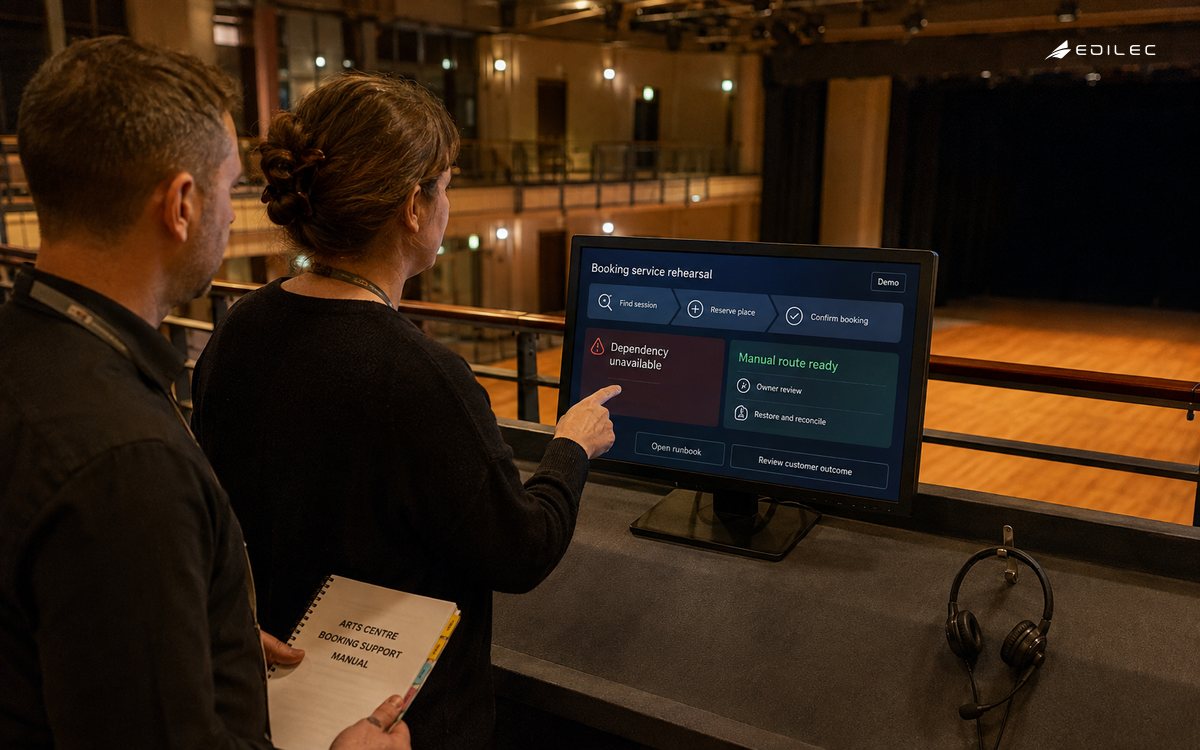 Support colleagues rehearse a booking-service recovery route overlooking an arts-centre hall.