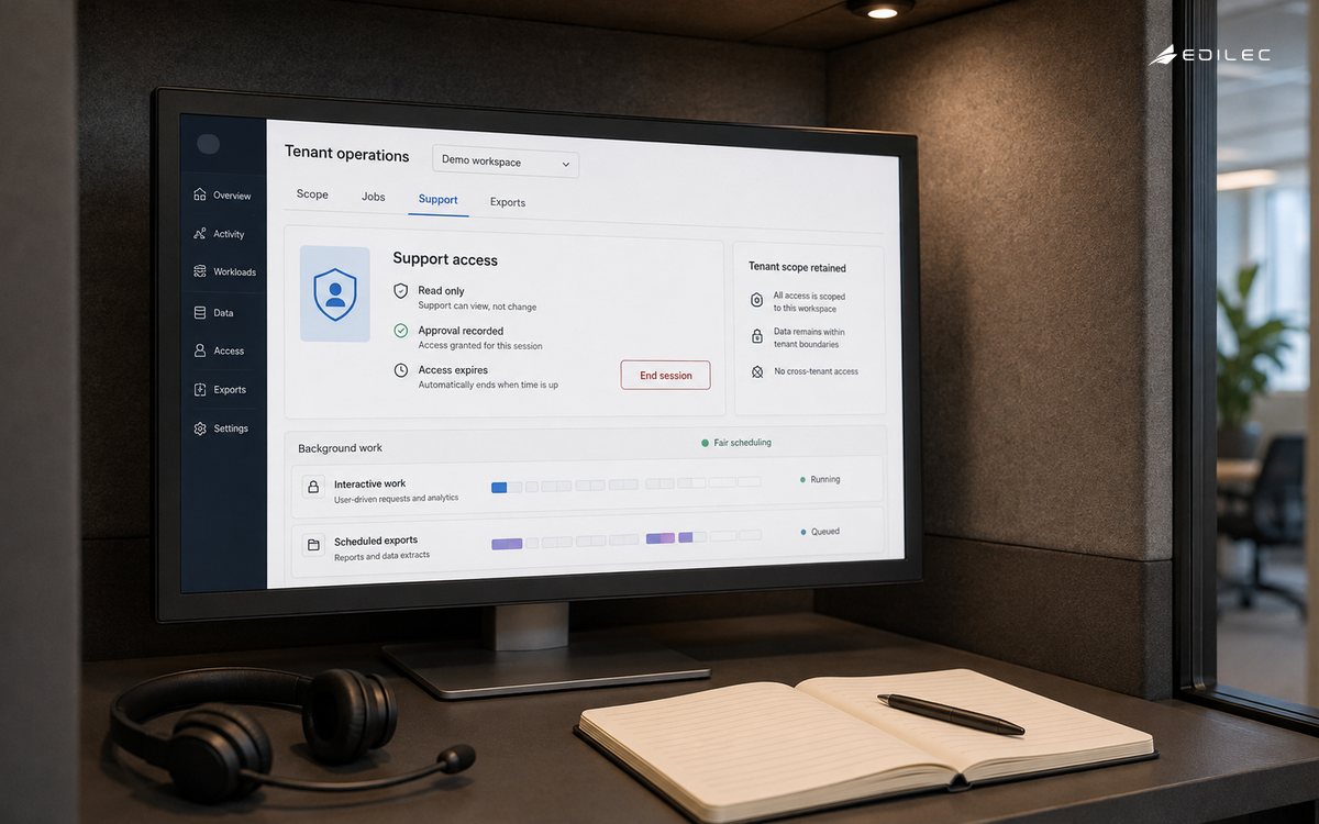 Tenant operations console showing an approved read-only support session and separate background-work lanes.