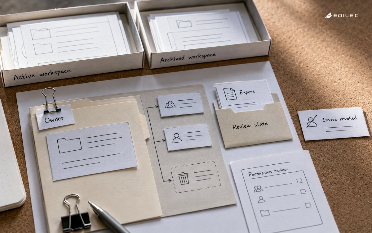 Paper workspace prototype separating active and archived resources, with export review and revoked-invite slips.