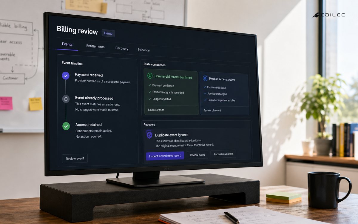 A billing review interface compares payment events with product access.