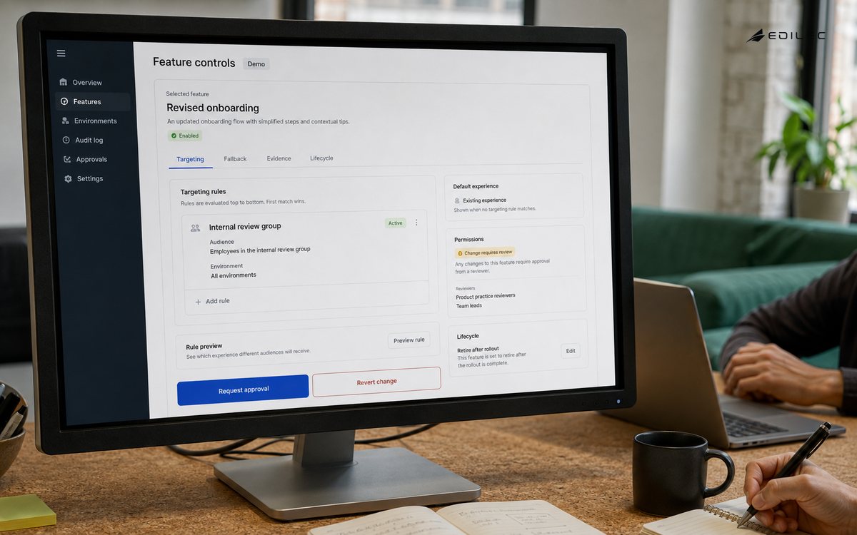 A feature-control interface shows targeting, fallback behavior, and review requirements.