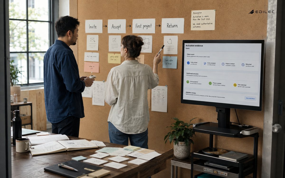 Standing product colleagues compare journey cards beside a fictional activation-evidence view.