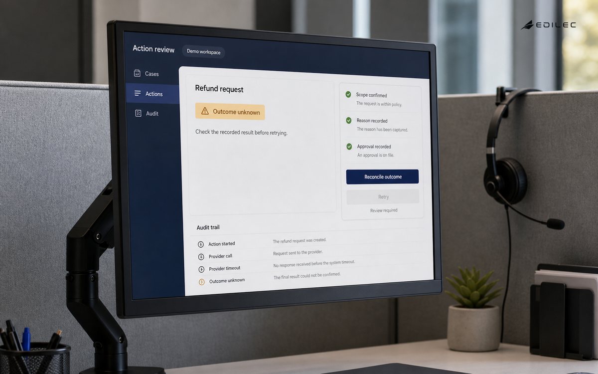 A fictional admin console shows an unknown refund outcome and a reconciliation action before retrying.