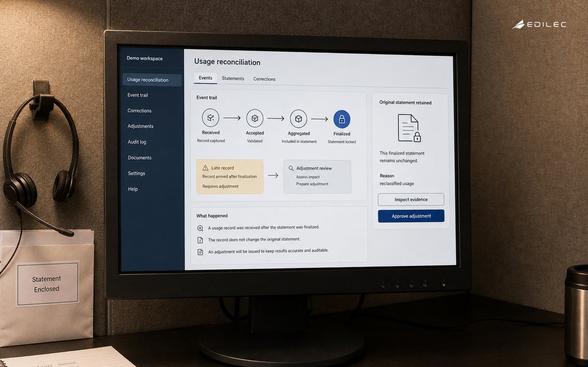 A usage reconciliation application shows a late-record adjustment alongside a retained original statement.