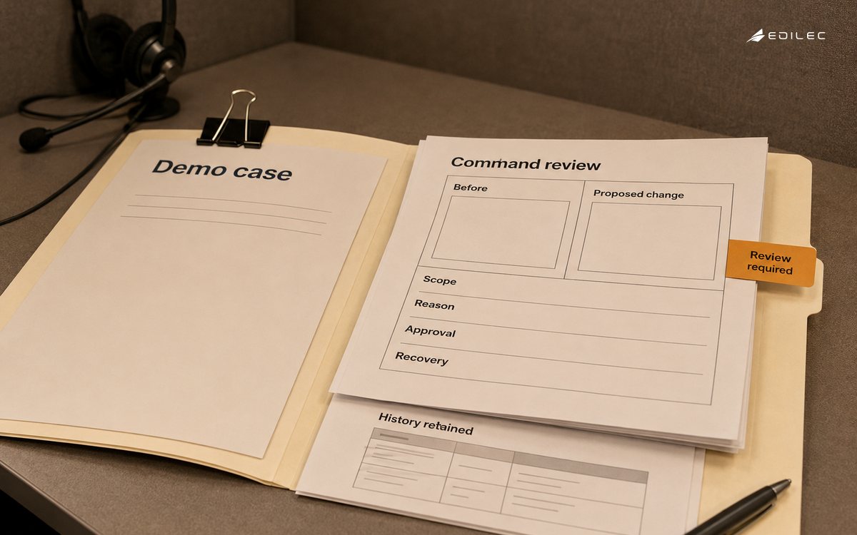 Paper support-command rehearsal showing proposed change, scope, approval and retained history.